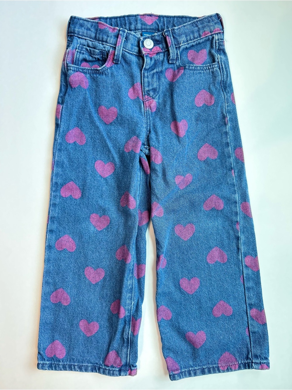 Old Navy Wide Leg Blue Jeans with Pink Heart Print
